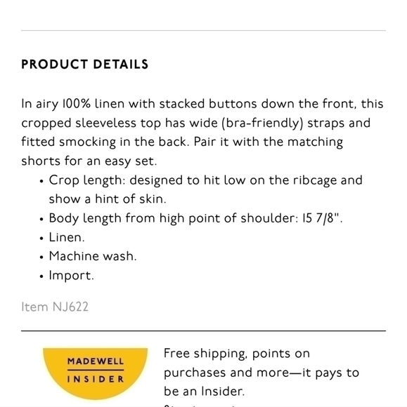 MADEWELL Gwen Supercrop Linen Tank in Light Straw (Yellow), sz 14 - Picture 8 of 9